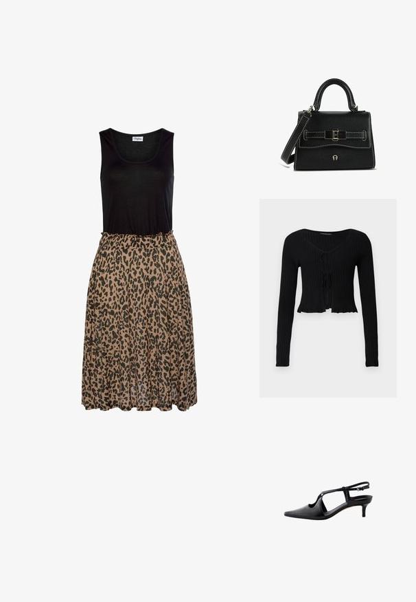 Cardigan corto negro de manga larga con textura acanalada, escote en V y dos cierres delanteros con lazos, bajo ligeramente fruncido, extendido sobre un fondo blanco.; Top negro sin mangas con estampado de leopardo y falda marrón suave. La falda presenta una cinturilla de elastano con fruncidos y una textura de tela fluida.; Zapato negro de cuero para mujer con tacón bajo tipo kitten, pala puntiaguda y fina correa en el tobillo con hebilla lateral.; Bolso de mano de cuero negro con un acabado texturizado. Presenta una forma estructurada, asa corta, correa ajustable y un detalle decorativo de hebilla.