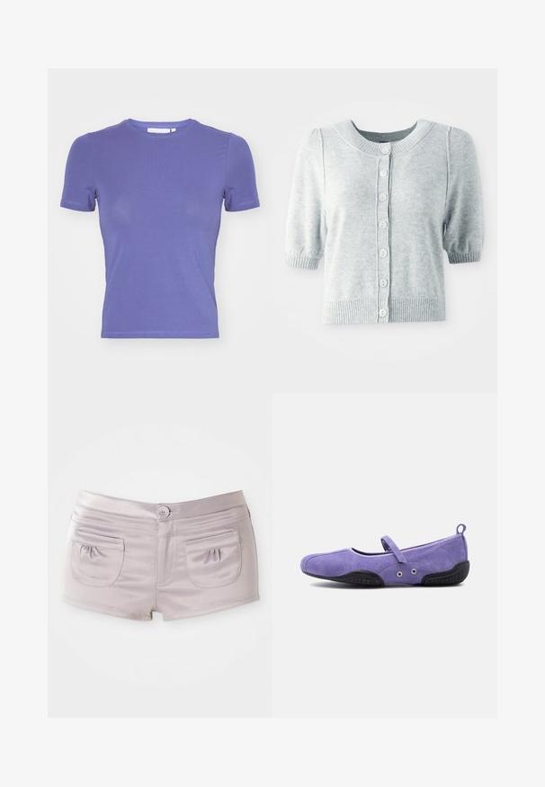 Gilet boutonné gris clair avec col, poignets et ourlet côtelés, présentant des manches courtes à volants et une texture en tricot douce.; Weekday SLIM FITTED - T-shirt basique - purple; Shorts violet clair en tissu lisse et brillant, avec deux poches à l'arrière et une fermeture à bouton à l'avant avec une taille plate.; Chaussure Mary Jane en daim violet avec semelle en caoutchouc noire, œillets de ventilation latéraux et languette arrière sur un fond blanc.