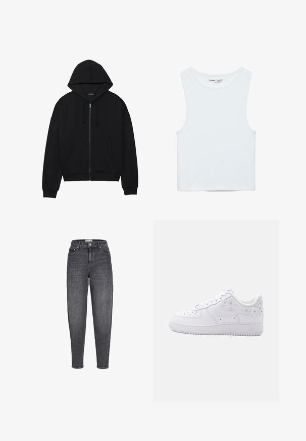 Sort zip-up hoodie lavet af blødt stof, med en kengurulomme, snoretræk i hætten og ribbede manchetter. Enkel design og minimalt detaljeret.; Hvid ærmeløs crop top med rund halsudskæring, lavet af glat stof, mærket Pull&Bear, egnet til afslappet brug.; Sortvaskede jeans med høj talje, tilspidset pasform, forlommer, bæltestropper og knaplukning foran.; Hvid lavtop sneaker med perforeret tå, Nike swoosh og dekorative hvide blomsterdetaljer på hælen og siden.