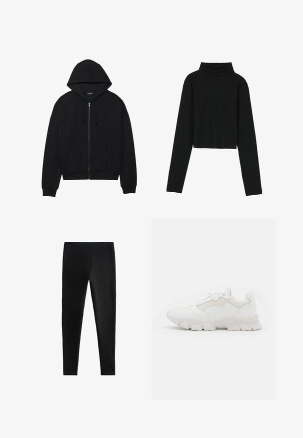Zwarte zip-up hoodie van zachte stof, met een kangoeroezak, trekkoordkap en ribgebreide manchetten. Eenvoudig ontwerp en minimale details.; Even&Odd Longsleeve - black; Zwarte legging gemaakt van rekbare stof, met een strak design zonder zichtbare naden of zakken, geschikt voor verschillende activiteiten.; NA-KD CONTRAST SOLE TREKKING - Sneakers laag - white