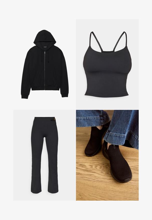 Hoodie zippé noir en tissu doux, avec une poche kangourou, une capuche à cordon de serrage et des poignets côtelés. Design simple et minimaliste.; Camisole noire ajustée en tissu lisse, avec des bretelles fines et un col rond, sans motifs ni accents supplémentaires.; Pantalon de yoga noir à taille haute, texture lisse, design à jambe évasée et petit accent à motif léopard sur la ceinture.; Chaussures noires à enfiler avec un dessus en tricot texturé et une ouverture élastique. Forme de bout arrondi et semelle rembourrée à profil bas, portées avec un ourlet en denim.