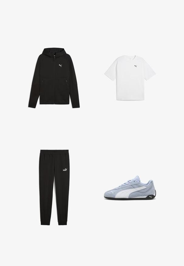 Sudadera negra con cremallera, mangas largas, bolsillos delanteros con cremalleras y un logo blanco de Puma en el pecho izquierdo.; Camiseta de algodón blanca de manga corta, con cuello redondo y un pequeño logotipo negro de Puma en el lado izquierdo del pecho. Textura suave.; Pantalones de chándal negros hechos de tela suave, con una cinturilla elástica, bolsillos laterales y un logo de Puma blanco en el lado izquierdo.; Zapatilla deportiva de ante azul claro con detalles blancos, textura perforada y suela de goma negra. Cuenta con cordones y un logo lateral.