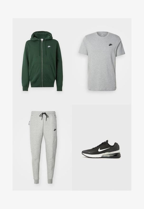 Dunkelgrüner Nike Kapuzenpullover mit Reißverschluss, Fronttaschen, Kordelzugkapuze und weißem Nike-Logo auf der linken Brust.; Graues T-Shirt mit kurzen Ärmeln aus Baumwolle, mit einem schwarzen Nike-Logo auf der Brust und einem runden Ausschnitt. Minimalistisches Design ohne Muster.; Graue Sweatpants mit glatter Textur, elastischem Bund, verstellbarem schwarzem Kordelzug, zwei seitlichen Taschen und einem kleinen schwarzen Logo.; Schwarzer Nike Air Max 270 Sneaker mit weißem Swoosh-Logo, weißer Zwischensohle und sichtbarem Luftpolster in der Ferse auf einfarbigem Hintergrund.