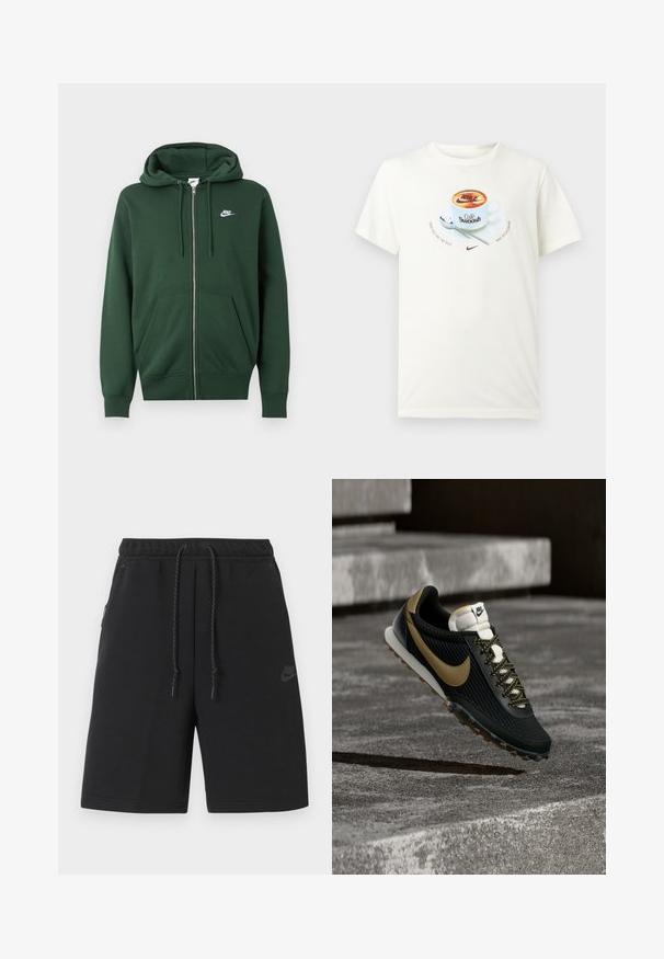 Dark green Nike zip-up hoodie with front pockets, drawstring hood, and white Nike logo on the left chest.; White t-shirt with graphic of coffee cup labeled "Café Swoosh," spoon on saucer, and Nike logos with text "Crafted for the sole" and "Nike sportswear."; Black Nike athletic shorts with elastic waistband, drawstring, side pockets, and subtle logo on left thigh.; Black and gold Nike running shoe with textured upper and patterned laces hovering above rough concrete surface and steps.