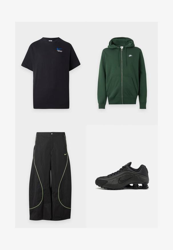 Tmavozelená Nike mikina na zips s vreckami vpredu, kapucňou so sťahovacou šnúrkou a bielym logom Nike na ľavej strane hrude.; Čierne tričko s krátkym rukávom, s malým modrým Nike swoosh a bielym textom "ATHLETIC DEPT JUST DO IT." na hornej ľavej strane hrudi.; Čierne nohavice Nike s širokými nohavicami, neónovo zeleným zakriveným lemovaním a malým logom Nike Swoosh na pravej stehne, zapínanie na gombík a zips v páse.; Čierne bežecké topánky s hladkým syntetickým zvrškom, perforovanými akcentmi, textúrovanými bočnými panelmi a výraznou pružnou podrážkou.