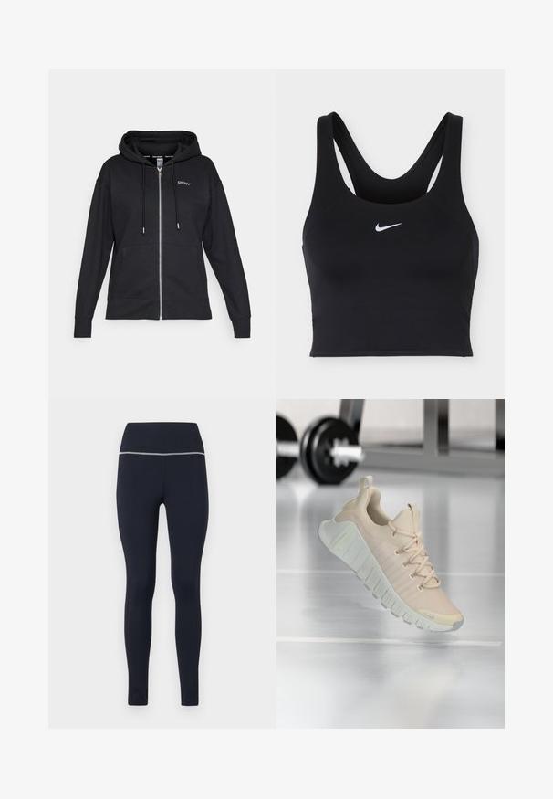 Schwarze Zip-Hoodie aus weichem Material, mit einer vorderen Tasche, einer Kordelzugkapuze und einem kleinen Logo auf der linken Brust.; Schwarzer Nike Sport-BH mit breiten Trägern und weißem Nike Swoosh-Logo mittig vorne.; Marineblaue enganliegende Leggings aus dehnbarem Stoff, mit einem breiten Bund, der oben mit einem reflektierenden Besatz versehen ist, um die Sichtbarkeit zu erhöhen.; Leichter Sneaker in einem sanften Beigeton. Verfügt über ein strukturiertes Obermaterial, flache Schnürsenkel und eine dicke, profilierte Sohle mit dezenten Markenakzenten.