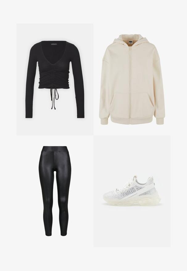 Sudadera con cremallera de color crema hecha de un tejido suave, que cuenta con capucha, bolsillos tipo pouch y puños y dobladillo acanalados.; Top corto de manga larga negro acanalado con un profundo escote en V, detalles fruncidos en la parte delantera y lazo ajustable en el dobladillo.; Leggings negros con un acabado brillante, cinturilla alta y diseño sin costuras. La tela parece suave y ajustada al cuerpo.; Zapatillas blancas con una parte superior de malla transpirable adornada con rhinestones plateados, que cuentan con una suela translúcida y cierre de cordones.
