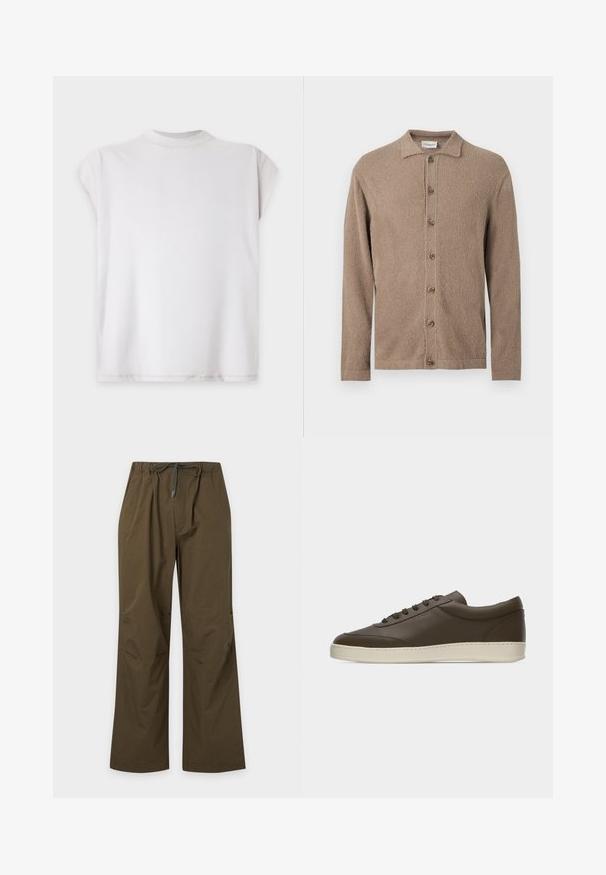 Chemise marron à manches longues boutonnée, en tissu texturé avec un petit col, présentée sur un fond clair uni.; T-shirt blanc uni à manches courtes avec un col rond, présenté à plat sur un fond clair.; Pantalon décontracté vert olive avec taille élastique et cordon de serrage à l'avant, coupe droite et coupe décontractée.; Baskets basses en cuir marron foncé avec lacets sur le devant et semelle en caoutchouc couleur crème, vues de côté extérieur sur fond blanc.