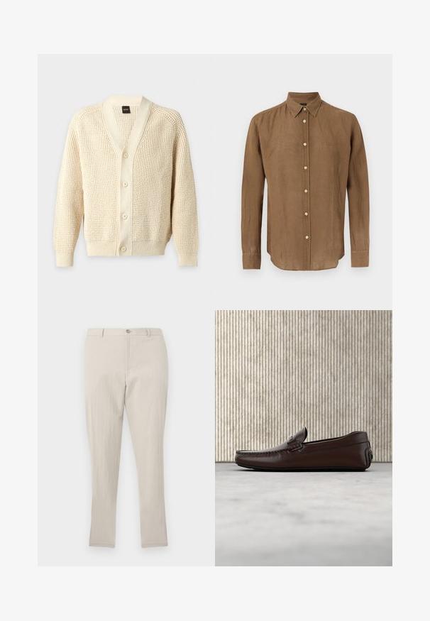 Cardigan tricoté couleur crème avec manches longues, poignets et ourlet côtelés, quatre boutons sur le devant et col en V.; Chemise marron à manches longues avec col, boutons blancs et logo subtil sur le côté gauche de la poitrine, présentée sur un fond blanc.; Pantalon droit texturé beige clair avec passants pour ceinture, fermeture à bouton et zip frontal, présenté sur un fond uni.; Mocassins en cuir marron avec une finition lisse, des coutures de style mocassin, un bout rehaussé et une semelle en caoutchouc basse et flexible.