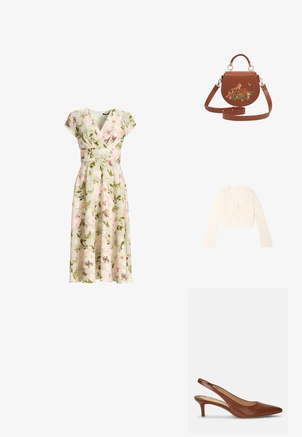 Cárdigan de manga larga color crema tejido a crochet con bordes festoneados y cierre delantero con lazo, que presenta un patrón de tejido abierto.; Vestido cruzado verde con estampado floral, mangas tipo capa, cintura ajustada y falda midi en línea A con flores rosas y blancas y hojas verdes.; Zapato de mujer tipo slingback de cuero marrón con punta punteada y tacón bajo tipo kitten sobre fondo blanco.; Bolso de cuero marrón con forma curva, adornado con bordados florales de un zorro y calabazas, herrajes dorados y una correa de hombro desmontable.
