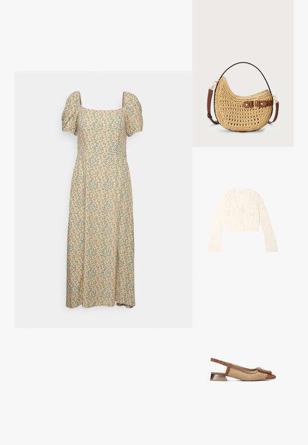Flødefarvet hæklet cardigan med lange ærmer, bølget kant og bindelukning foran, med et åbent netmønster.; Even&Odd Hverdagskjole - green/pink; Brun slingback-sko med vævet tekstur og glat læder. Har en flad metallisk hæl og dekoreret snoet detalje ved tåen.; Vævet halmmulesæk med en buet form, brunt læderstrop med spænde og en naturlig tan farve. Tekstureret overflade med synlige sting.