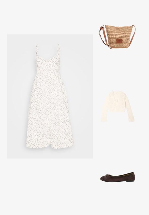 Cárdigan de manga larga color crema tejido a crochet con bordes festoneados y cierre delantero con lazo, que presenta un patrón de tejido abierto.; Madewell ALEXA RUFFLE BODICE BUTTON DOWN MIDI DRESS PRINT - Vestido camisero - lighthouse; Bailarina de ante marrón con puntera redondeada, detalle de lazo de satén y ribete elástico. Suela de goma delgada con altura mínima. Textura suave.; Bolso cesta de paja trenzada con correa de hombro de cuero beige ajustable y pequeño parche de cuero con la etiqueta "BIMBA Y LOLA" en el frente.