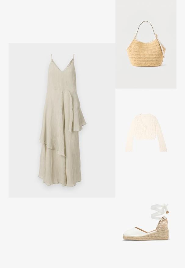 Cardigan à manches longues en crochet couleur crème avec bords festonnés et fermeture par nœud à l'avant, présentant un motif ajouré.; Robe de couleur crème avec un décolleté en V, des bretelles fines et un design fluide et superposé présentant des plis texturés et des ourlets asymétriques.; Espadrille blanche en toile avec talon compensé en jute tressé et ruban à nouer autour de la cheville sur fond blanc.; Sac à main en paille tissée beige avec garniture en cuir blanc et bandoulière réglable, présenté sur un fond clair uni.