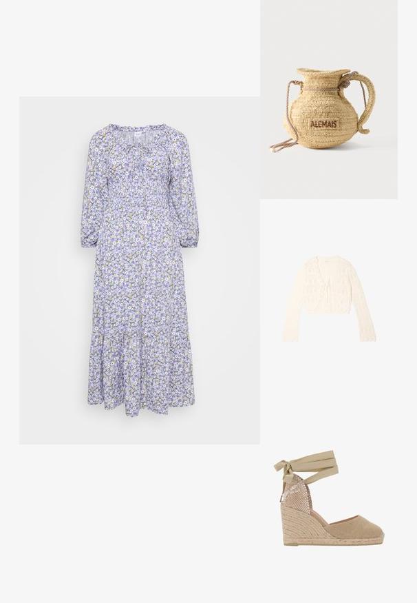 Flødefarvet hæklet cardigan med lange ærmer, bølget kant og bindelukning foran, med et åbent netmønster.; Blomstret kjole med lilla bund, prydet med hvide og gule blomster. Lange ærmer, rynket halsudskæring og lagdelt kant. Letvægtsstof.; Beige espadrille wedge sandal med en tekstureret vævet overdel, snørebånd omkring anklen og en jute-indhyllet platformhæl.; Rund flettet stråtaske med håndtag af reb og "ALEMAIS" broderet på siden med brunt garn.