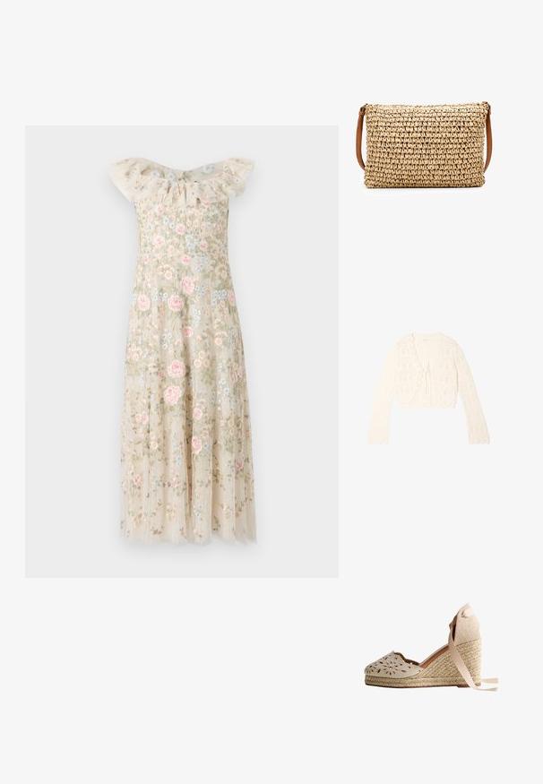 Cárdigan de manga larga color crema tejido a crochet con bordes festoneados y cierre delantero con lazo, que presenta un patrón de tejido abierto.; Vestido bordado con escote off-shoulder y volantes. Tejido beige adornado con patrones florales en rosa y azul, con una falda fluidas.; Alpargata cuña beige con tacón de yute trenzado, patrones florales recortados en la puntera y lazos para anudar en el tobillo sobre fondo blanco.; Bolso de paja trenzada tipo bandolera con una correa de cuero marrón; forma rectangular; superficie texturizada; color natural con un patrón de tejido ajustado.