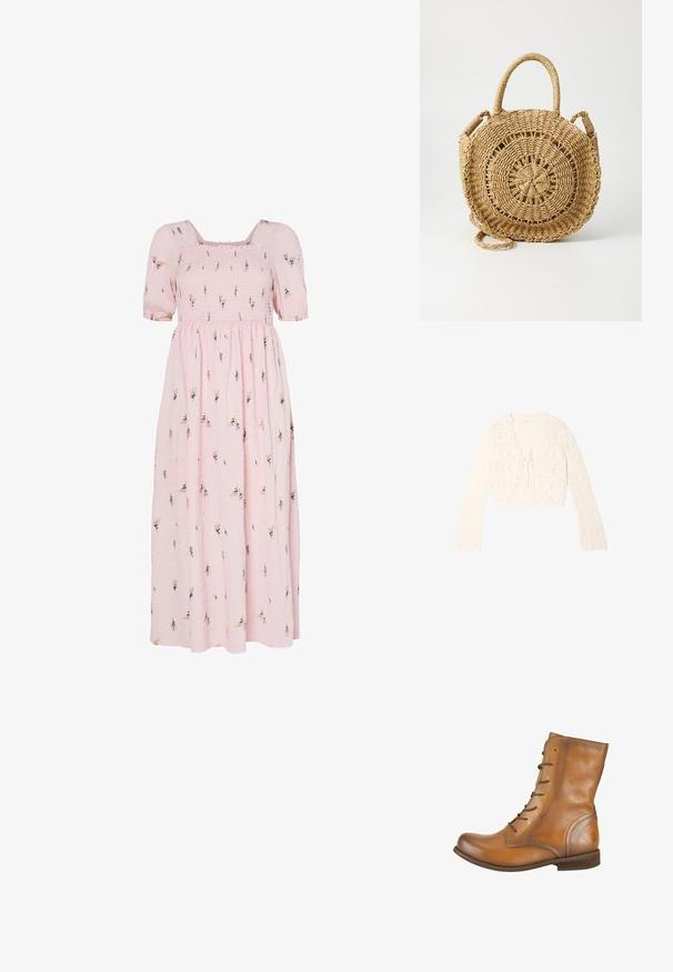 Cárdigan de manga larga color crema tejido a crochet con bordes festoneados y cierre delantero con lazo, que presenta un patrón de tejido abierto.; Vestido maxi de algodón rosa con mangas cortas abullonadas, corsé fruncido, patrón de bordado floral y una falda fluida.; Botas de cuero marrón hasta el tobillo con una textura suave, punta redondeada, seis ojales para cordones y un sutil logo grabado en el talón.; ONLY ONLPENELOPE BEACH ROUND CROSSOBODY - Bandolera - toasted coconut