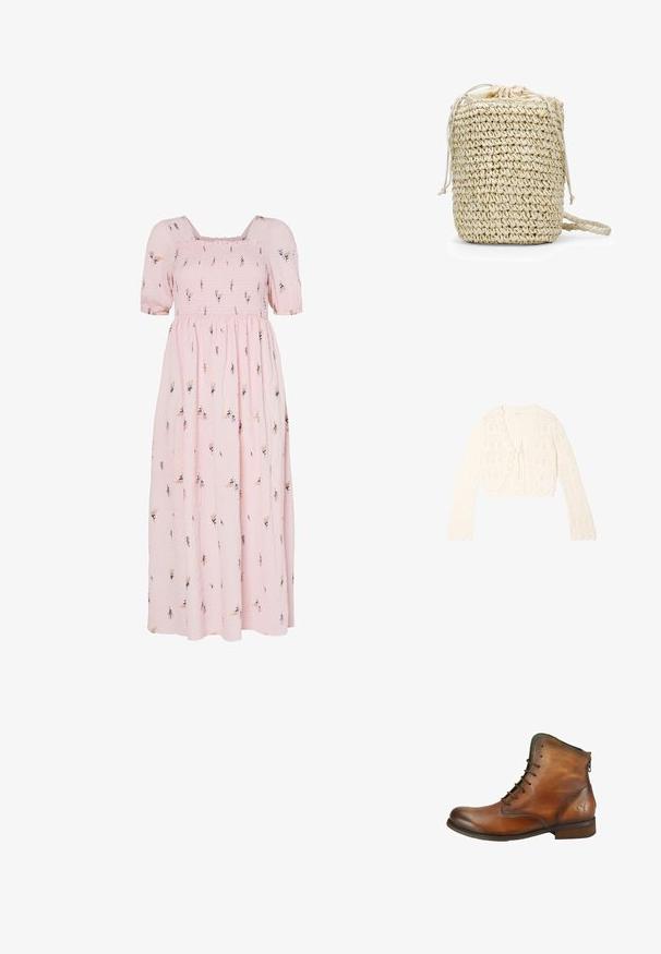 Cárdigan de manga larga color crema tejido a crochet con bordes festoneados y cierre delantero con lazo, que presenta un patrón de tejido abierto.; Vestido maxi de algodón rosa con mangas cortas abullonadas, corsé fruncido, patrón de bordado floral y una falda fluida.; Bota corta de cuero marrón con cordones en la parte delantera, tacón bajo, cremallera trasera y mariposa en relieve cerca del talón sobre un fondo blanco.; Bolso tejido de color beige con forma cilíndrica, cierre de cordón y un forro interior suave, presentando un exterior de fibra natural texturizada.
