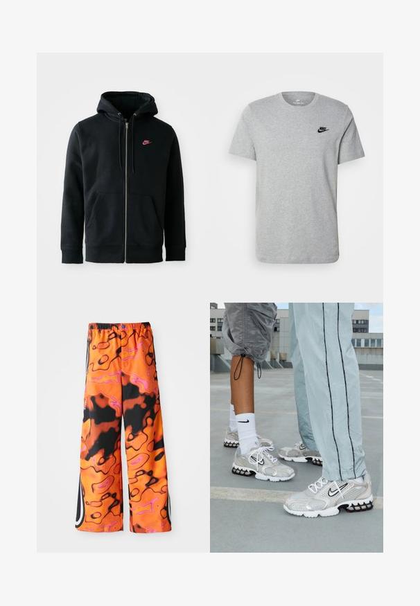 Musta vetoketjullinen huppari, joka on valmistettu pehmeästä kankaasta. Hupussa on naru, rintaan on painettu vaaleanpunainen Nike-logo, ja edessä on kaksi taskua.; Harmaa lyhythihainen T-paita, joka on valmistettu puuvillasta. Paidassa on musta Nike-logo rinnassa ja pyöreä kaula-aukko. Minimalistinen muotoilu ilman kuvioita.; Valer-pööröi bodevit, joissa on elävä oranssi, musta ja vaaleanpunainen abstrakti pyörremalli, joustava vyötärö, sivupanelit ja nappikiinnitys.; Nike urheilukengät hopeisesta verkkomateriaalista, jossa on valkoiset nauhat, musta swoosh-logo ja musta-punainen ilmatyynypohja.