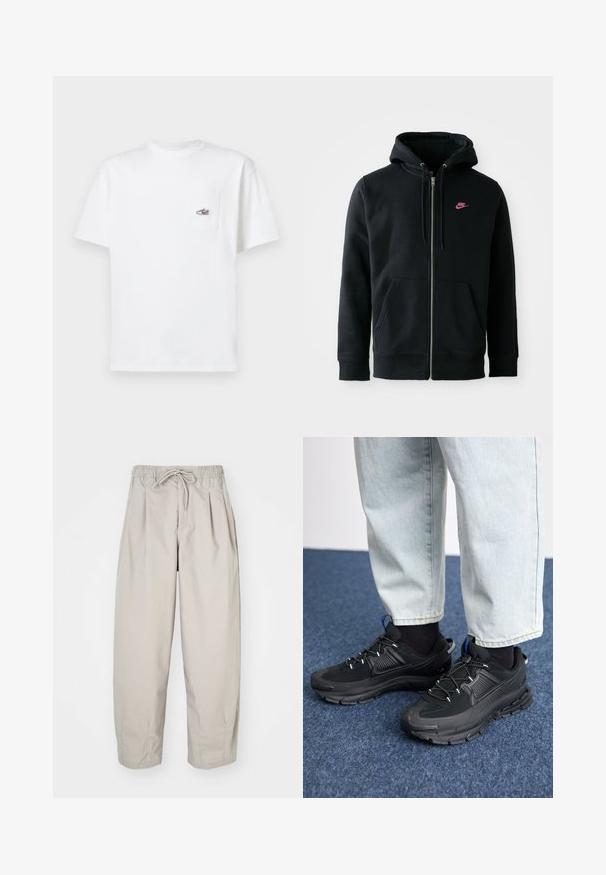 Musta vetoketjullinen huppari, joka on valmistettu pehmeästä kankaasta. Hupussa on naru, rintaan on painettu vaaleanpunainen Nike-logo, ja edessä on kaksi taskua.; Valkoinen puuvillapaita lyhyillä hihoilla, pyöreällä kauluksella ja rintataskulla, jossa on monivärinen lenkkitossulogo. Pehmeä rakenne, rento istuvuus.; Haal beige, kevyet housut, joissa on joustava vyötärö ja nauhakuulut. Täydentää pleatit ja löysä istuvuus, valmistettu pehmeästä, sileästä kankaasta.; Mustat urheilukengät, joissa on teksturoitu kangas ja kumipohjat, elastiset nauhat ja sininen yksityiskohta kannassa. Yhdistetty vaaleisiin farkkuihin.