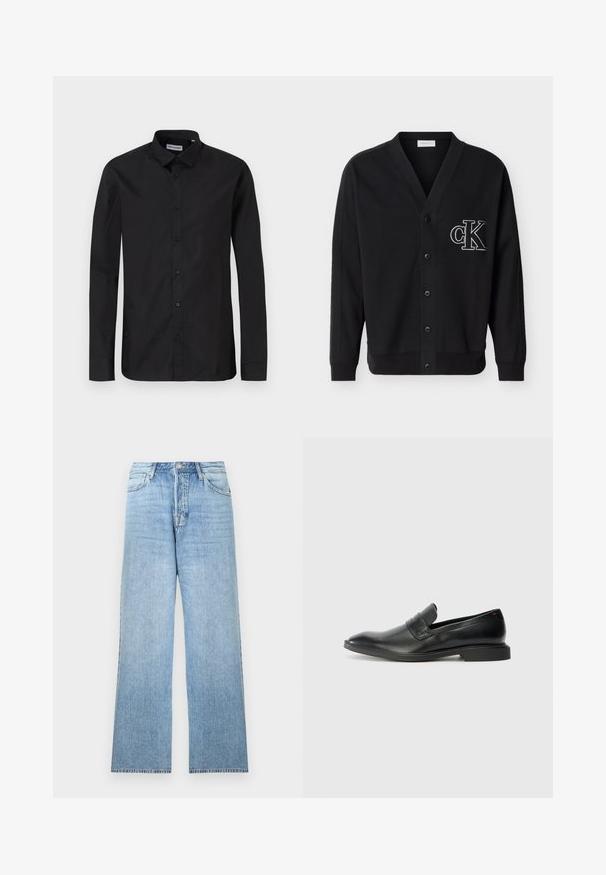 Sort cardigan med knapper, lange ærmer og hvidt broderet "cK"-logo på venstre bryst.; Sorte langærmede skjorte med klassisk krave, lavet af glat stof, med frontknapper og en almindelig pasform.; Lyseblå denimjeans med lige ben, lukning med øverste knap, fem-lommer-design og frynset kant.; Sorte læder loafers med en glat tekstur, spids tå og lav rektangulær hæl. Har vandret remdetalje på overdelen.