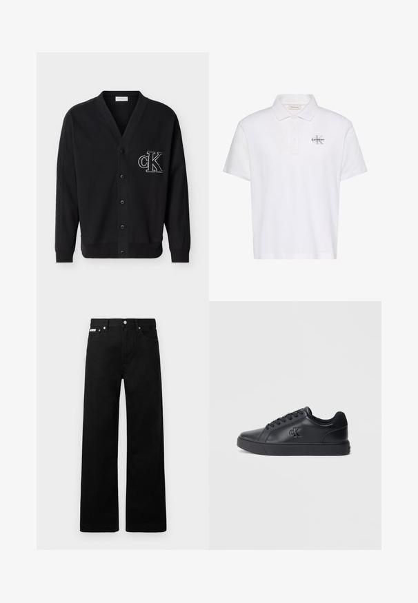 Zwarte cardigan met knopen en lange mouwen, met een wit geborduurd "cK" logo op de linkerborst.; Witte polo met korte mouwen, kraag, drieknopensluiting en klein grijs Calvin Klein-logo op de linkerborst.; Zwarte spijkerbroek met een wijd uitlopende pasvorm, voorzien van vijf zakken en metallic knopen. Gladde textuur, geen zichtbare patronen.; Zwarte leren sneakers met vetersluiting, rubberen zool en reliëflogo op de zijkant, met een gladde textuur en minimalistische stijl.