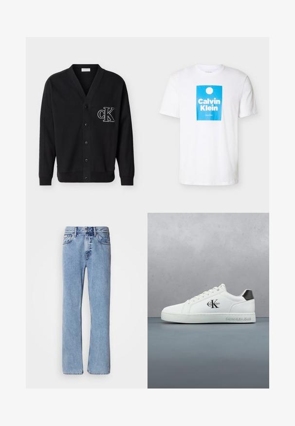 Cardigan noir boutonné avec manches longues et logo "cK" brodé en blanc sur le côté gauche de la poitrine.; T-shirt blanc à manches courtes avec un graphique rectangulaire bleu, présentant un cercle blanc et le texte "Calvin Klein" en lettres blanches en gras.; Jean en denim bleu clair avec une coupe droite, cinq poches et une fermeture à bouton. Détails de couture près des poches et de la taille.; Baskets en cuir blanc à finition lisse, design à lacets, bout arrondi et accent talon noir contrastant. Semelle en caoutchouc offrant une bonne adhérence.