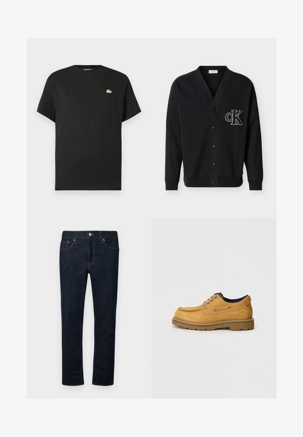 Cárdigan negro abotonado con mangas largas y el logo "cK" bordado en blanco en el lado izquierdo del pecho.; Camiseta de algodón negra con cuello redondo, mangas cortas y un logo bordado verde en el lado izquierdo del pecho. Textura suave, corte holgado.; Jeans rectos de color azul oscuro con cinco bolsillos, costuras naranjas y un cierre de botón plateado en la cintura.; Zapato de cuero marrón claro para hombre, con puntera de mocasín, cuello acolchado y suela de goma gruesa, mostrado de lado sobre un fondo liso.