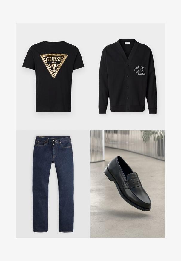 Zwarte cardigan met knopen en lange mouwen, met een wit geborduurd "cK" logo op de linkerborst.; Guess CHAIN - T-shirt print - jet black; Donkerblauwe recht gesneden spijkerbroek met knoopsluiting, voor- en achterzakken en contrasterende stiksels, plat gelegd op een lichte achtergrond.; Zwarte leren loafer met een gladde textuur, spitse neus en een decoratieve band over de wreef. Lichtgewicht zool, minimalistisch ontwerp.