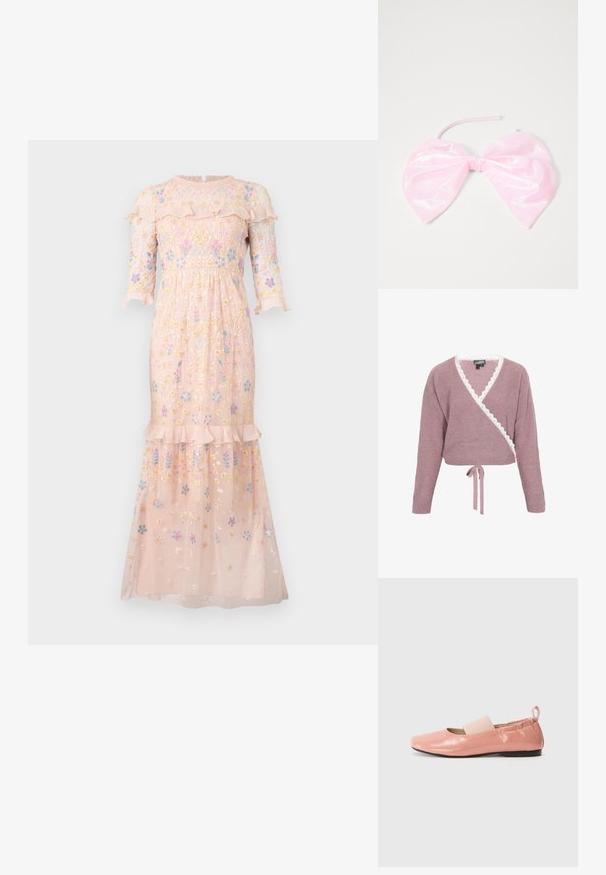 Pull enroulé rose, court, avec des manches longues, comportant un bord festonné blanc le long de l'encolure en V et une fermeture à nouer à la taille.; Robe rose brodée en tissu léger, ornée de motifs floraux, avec un col à volants et des manches trois quarts.; Ballerines synthétiques roses avec une texture brillante, un bout carré et une bande élastique douce sur le cou-de-pied. Semelle en caoutchouc noire et tirette à l'arrière.; Accessoire capillaire rose et brillant en forme de grand nœud, avec une texture lisse et une fine sangle pour le maintenir en place.