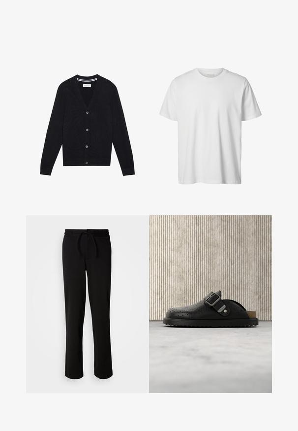 Sort cardigan med v-hals, lange ærmer og fem knaplukninger. Har ribbede manchetter og liv, strikket struktur og diskret stribet detalje indeni kraven.; Enkelt hvid T-shirt med korte ærmer og rund hals, løs pasform og uden synlige logoer eller designs foran.; Sorte sweatpants med snor i taljen, lavet af blødt og strækbart stof. Har en afslappet pasform med lige ben og uden synlige lommer.; Sort læder-slip-on-træsko med spænde og perforeret mønster, placeret på lyst tæppe tæt på et gennemsigtigt brunt bord.