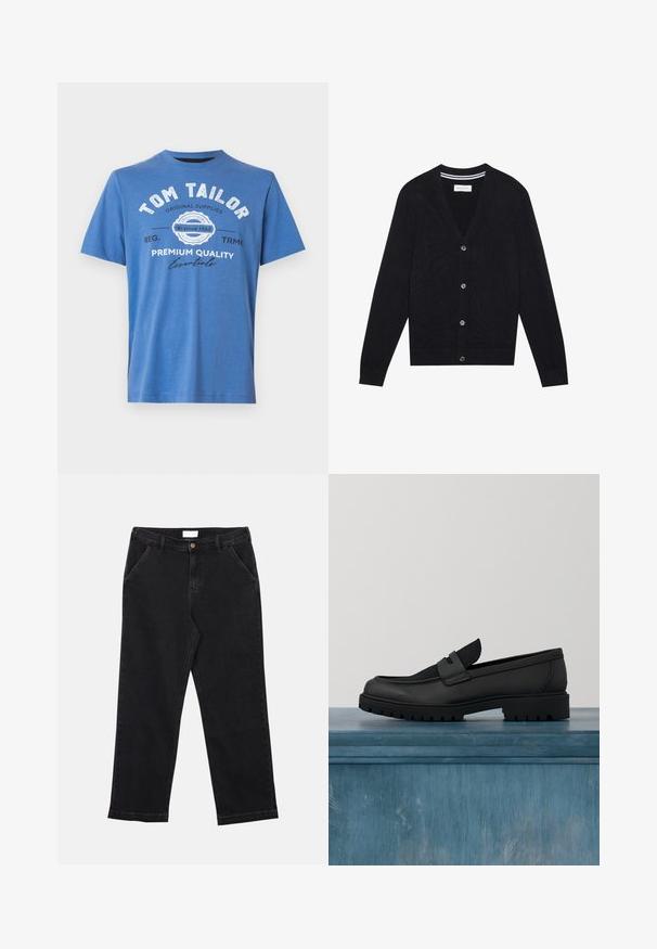 Sort cardigan med v-hals, lange ærmer og fem knaplukninger. Har ribbede manchetter og liv, strikket struktur og diskret stribet detalje indeni kraven.; Blå kortærmet T-shirt lavet af bomuld. Har trykt tekst med "TOM TAILOR" og logo. Klassisk rund halsudskæring og lige kant.; Sorte denimbukser med lige skæring, der har knaplukning, fire lommer og en tekstureret stof. Simpelt og alsidigt design.; Sort lædersko uden snørebånd med en tekstureret stofdetalje, en robust gummisål og en glat finish. Har diskrete syningsdetaljer.