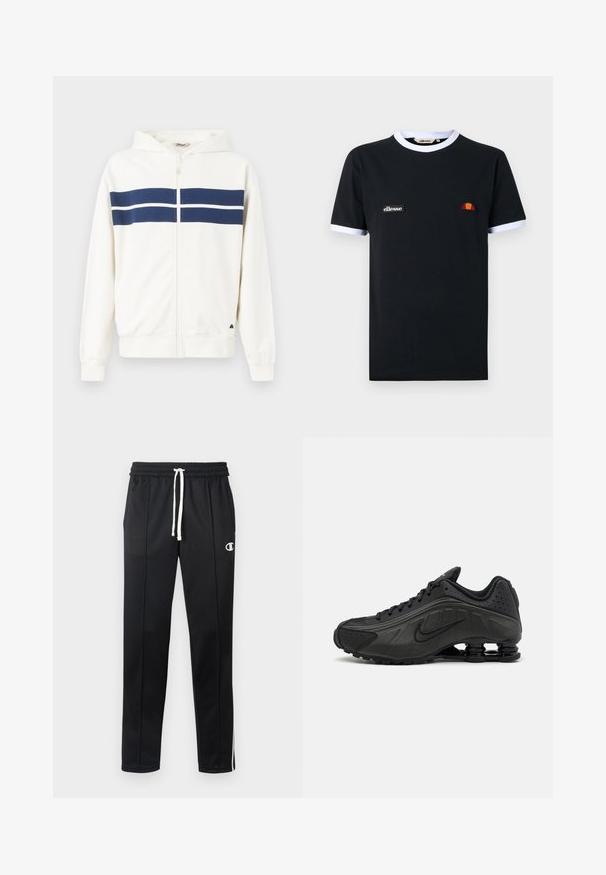 Hvid zip-up hoodie med marineblå vandrette striber over brystet og på ærmerne. Har en hætte og ribbede manchetter ved håndleddene.; Sort t-shirt med korte ærmer med hvid kant på krave og ærmer, med et lille "ellesse" logo-patch og en halvcirkelformet orange og rød emblemlogo.; Sorte atletiske bukser med hvid snor, sidelister, frontlommer og et lille hvidt Champion-logo på venstre lår.; Sorte løbesko med en glat syntetisk overdel, perforerede detaljer, teksturerede sidedele og en distinkt fjedrende sål.