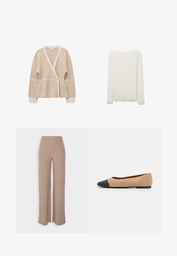 Beige og cremefarvet strikket cardigan til kvinder med vertikale striber, V-hals, lange ærmer og enkelt knaplukning foran.; Langærmet, lysebeige, ribstrikket skjorte med rund halsudskæring og diskrete bølgede kanter på ærmer og kant.; Beige ribbede vide bukser med høj talje og blød tekstur, der har en løs pasform og ingen synlige lukninger.; Beige ruskind balletflade med en sort læder rund tåkap, lav hæl og glat tekstur, der har minimal syning og et enkelt design.