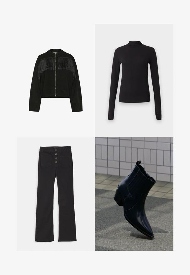 Sort strikket cropped jakke med frontlynlås og frynse detaljer over brystet og skuldrene, der har ribbede manchetter og krave.; Sort langærmet tætsiddende top med høj hals, vist på ensartet lysegrå baggrund.; Sorte denim flare jeans med høj talje, fem-pockets design og lukning fortil med fire metalknapper.; Skinnende sort læderankelstøvle med blokhæl, elastiske sidepaneler og trækflig, placeret opret på tekstureret fortov nær flisebelagt væg.