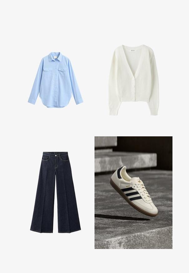 Cardigan blanc en maille avec manches longues, poignets et ourlet côtelés, encolure en V profond et quatre boutons à l'avant.; Chemise bleu clair à manches longues boutonnée, avec deux poches poitrine avant et un col, présentée sur un fond blanc.; Jean large bleu foncé avec plis devant, cinq poches et fermeture à bouton à la taille.; Baskets blanches Adidas Samba avec des bandes noires et une semelle en gomme, flottant au-dessus de marches en béton gris texturé.