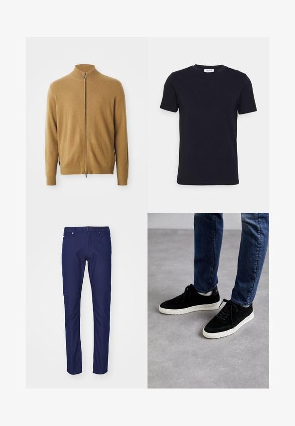 Kamelfarvet fuld-zip cardigan med høj krave, lange ærmer, ribbede manchetter og subtil broderet logo på brystet.; Sort kortærmet t-shirt med rund hals og et lille hvidt mærke indeni halsudskæringen.; Mørkeblå slim-fit jeans lavet af denim, med knaplukning, fem-lomme design og subtil tekstur med en glat overflade.; Sorte ruskind sneakers med en hvid gummisål, der har et klassisk low-top design, rundt tå og flade sorte snørebånd.