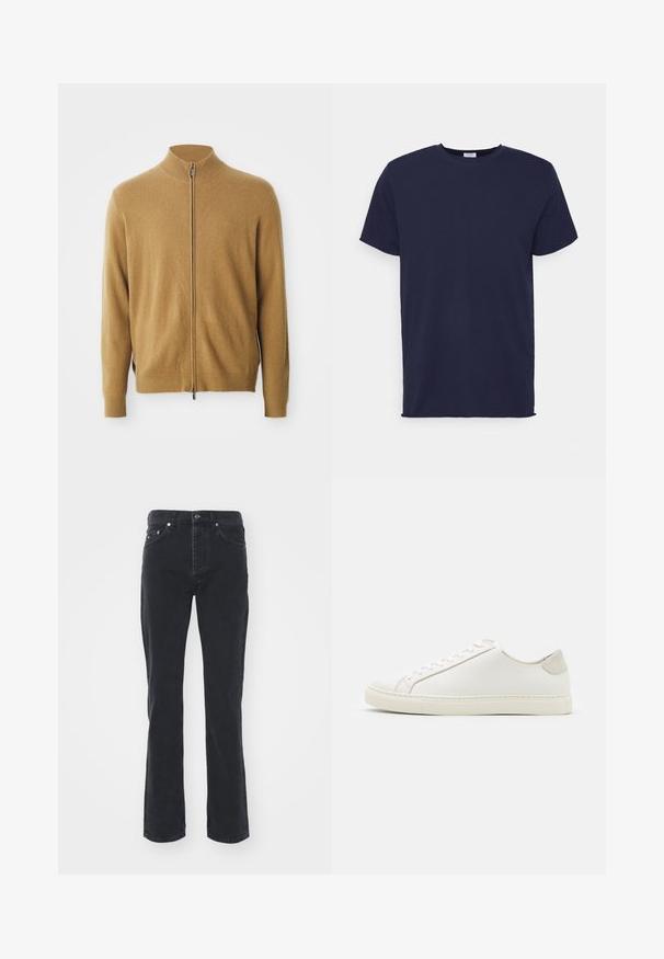 Camel-kleurige full-zip cardigan met hoge kraag, lange mouwen, ribgebreide manchetten en een subtiel geborduurd logo op de borst.; Navyblauwe T-shirt met korte mouwen van zachte stof. Heeft een ronde hals en een rechte snit zonder patronen of accenten.; Zwarte denim jeans met een rechte pijpdesign, voorzien van vijf zakken en een knoopsluiting. De stof heeft een subtiele textuur en stevige afwerking.; Witte leren sneaker met een gladde oppervlakte, ronde neus en minimalistisch ontwerp. Heeft beige accenten op de hiel en een rubberen zool.