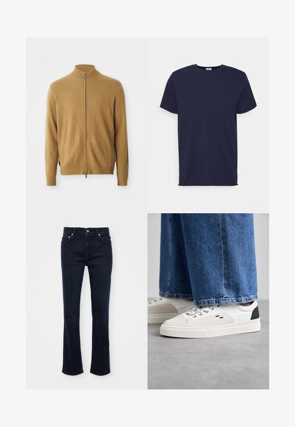 Camel-kleurige full-zip cardigan met hoge kraag, lange mouwen, ribgebreide manchetten en een subtiel geborduurd logo op de borst.; Navyblauwe T-shirt met korte mouwen van zachte stof. Heeft een ronde hals en een rechte snit zonder patronen of accenten.; Donkerblauwe, uitlopende jeans van denim, met een sluiting aan de voorkant, vijf zakken en strakke lijnen met subtiele stiknaden.; Witte en zwarte sneakers met een glad leren bovenwerk, textuuraccenten en een chunky witte zool. Heeft een klassiek vetersluiting ontwerp.