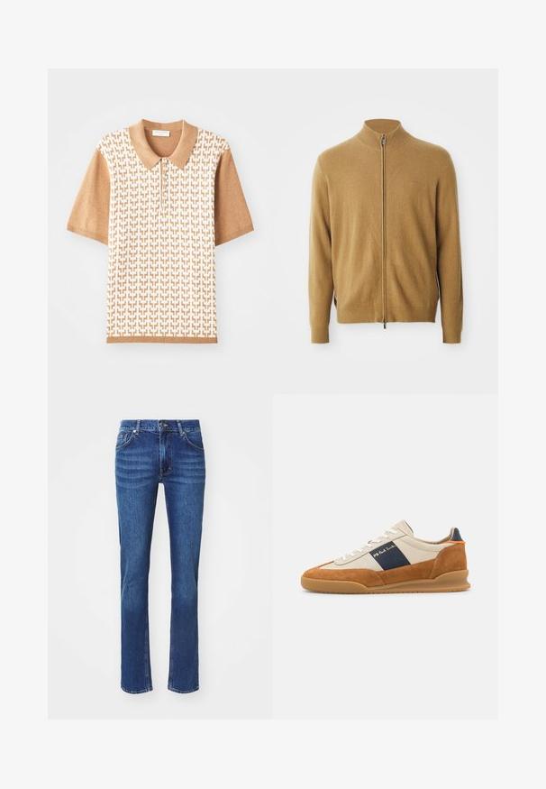 Cárdigan completo de color camel con cuello alto, mangas largas, puños acanalados y sutil logo bordado en el pecho.; Polo de manga corta con un patrón texturizado beige, cuello y puños en marrón claro, con tres botones y diseños geométricos.; Vaqueros de mezclilla azul oscuro con un diseño de pierna recta, que presentan un sutil desgaste, cinco bolsillos y un cierre de botón. Costuras en un tono neutro que los destacan.; PS Paul Smith DOVER - Zapatillas - cognac/off-white