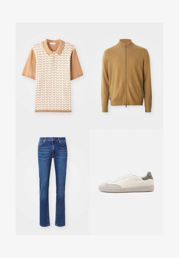 Kamelfarvet fuld-zip cardigan med høj krave, lange ærmer, ribbede manchetter og subtil broderet logo på brystet.; Kortærmet polo shirt med et beige teksturmønster, lys brown krave og manchetter, med tre knapper og geometriske designs.; Mørkeblå denim jeans med lige ben-design, prydet med subtil slid, fem lommer og knaplukning. Neutrale syninger som accent.; Hvid lav sneaker med lysegrå ruskind på tå og hæl, hvide snørebånd og en flad beige sål, vist fra ydersiden.