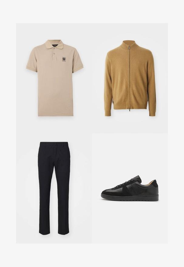 Cardigan camel à zip complet avec col haut, manches longues, poignets côtelés et logo brodé subtil sur la poitrine.; Polo beige à manches courtes avec un col côtelé, une patte à deux boutons et un petit patch logo sur le côté gauche de la poitrine. Tissu en mélange de coton doux.; Pantalon bleu marine avec une coupe ajustée, fabriqué en tissu lisse. Il présente un devant plat, des passants de ceinture et des jambes droites avec un ourlet soigné.; Tiger of Sweden BELLICU - Baskets basses - black