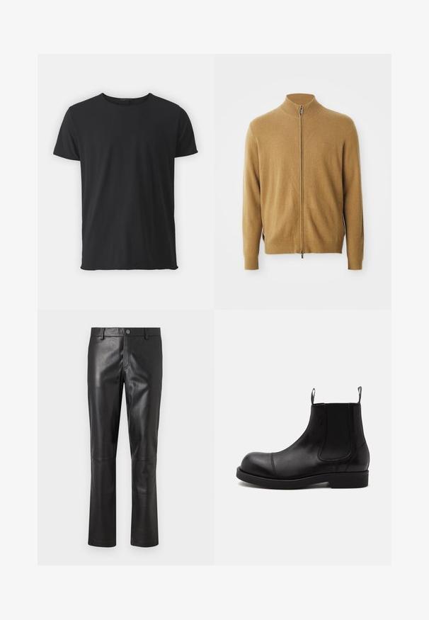 Camel-kleurige full-zip cardigan met hoge kraag, lange mouwen, ribgebreide manchetten en een subtiel geborduurd logo op de borst.; Zwarte korte mouwen t-shirt gemaakt van zacht katoen, met een klassieke ronde halslijn en een gladde textuur, met een rechte snit.; Zwarte leren broeken met een gladde textuur, recht model en subtiele stiksel langs de naden. Voorzien van een knoopsluiting in de taille.; Zwarte leren Chelsea-boot met afgeronde neus, elastische zijpanelen, aantreklussen voor en achter, platte zool, van opzij getoond op witte achtergrond.