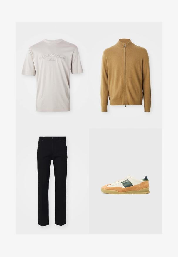 Cárdigan completo de color camel con cuello alto, mangas largas, puños acanalados y sutil logo bordado en el pecho.; Camiseta de manga corta color beige claro, hecha de una tela suave, con el logo bordado "Emporio Armani Milano" en un tono ligeramente más oscuro.; Vaqueros de mezclilla negra con un diseño de pierna recta, cinco bolsillos, cierre frontal de botón y detalles de costura sutiles. Textura suave.; Zapatilla atlética blanca y tostada con materiales de ante y piel. Raya de acento verde, suela de goma y un mínimo de marca en dorado en el lateral.