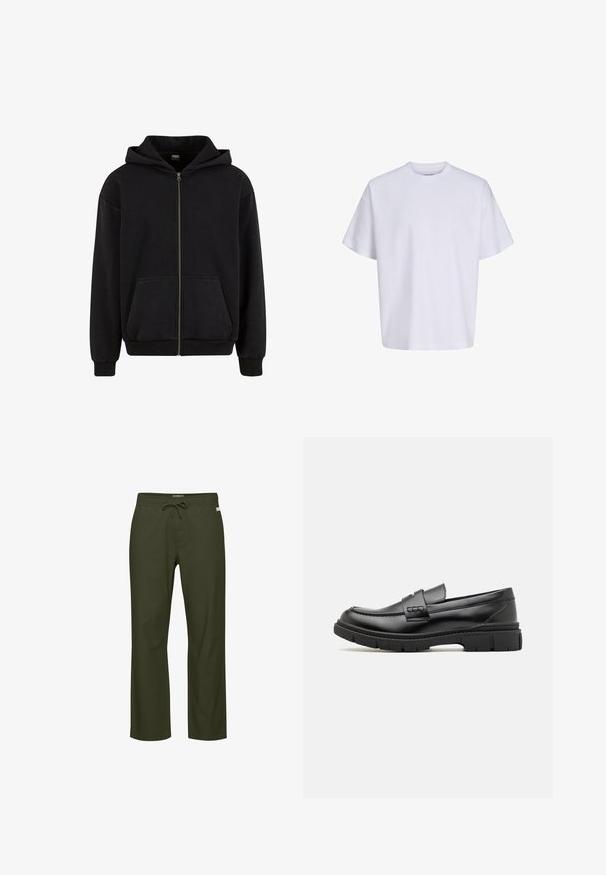 Urban Classics VINTAGE - Sweatjacke - black; Schlichtes weißes oversized T-Shirt mit kurzen Ärmeln, Rundhalsausschnitt und lockerem Sitz vor weißem Hintergrund.; Olivegrüne Hose mit Kordelzugbund, geradem Bein, weicher Stoffstruktur und einem dezenten Logotag vorne.; Schwarze Lederloafer mit einem breiten Riemen über dem Rist, Gummisohle mit dicken Profilen und glatter Textur. Klassisches, schlankes Design.