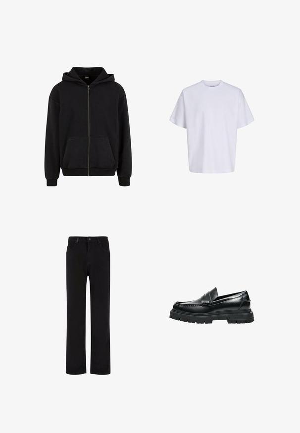 Urban Classics VINTAGE - Mikina so zipsom - black; Jednoduché biele veľké tričko s krátkym rukávom, okrúhlym výstrihom a voľným strihom na bielom pozadí.; Čierne džínsové nohavice so strihom rovného nohavice, s gombíkovým zapínaním, pútkami na opasok a prednými vreckami. Hladká textúra a jednotná farba.; Čierny kožený mokasín s hrubou podrážkou a penny remienkom, zobrazený z boku na bielom pozadí.