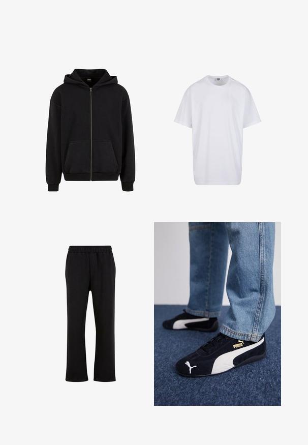 Urban Classics VINTAGE - Sweater met rits - black; Effen witte katoenen T-shirt met korte mouwen, ronde hals en zichtbare maat- en merklabel aan de binnenkant van de kraag.; Urban Classics Trainingsbroek - black; Zwarte suède sneakers met witte accenten, voorzien van een gouden logo. Gemaakt met lichtblauwe spijkerbroek en geplaatst op een textuur blauwe ondergrond.
