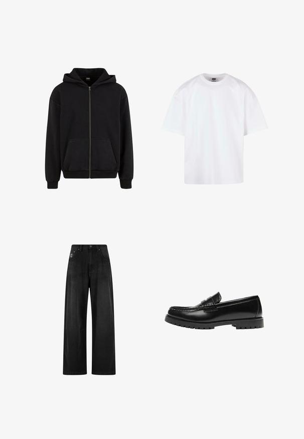 Urban Classics VINTAGE - Sweater met rits - black; Witte korte mouw t-shirt met een ronde hals, gemaakt van katoen, met een ontspannen pasvorm en minimale stiksel-details.; Zwart denim broek met wijde pijpen en hoge taille, voorzien van vier zakken en een klein logo-label aan de voorkant. Zachte textuur, eenvoudig ontwerp.; Zwarte leren loafer met een dikke rubberen zool en klassieke penny-strap details, gezien vanaf de buitenkant.