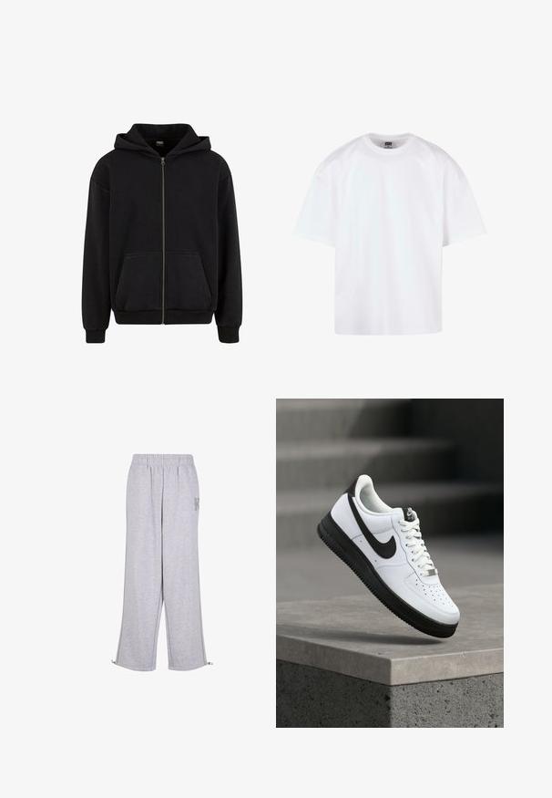 Urban Classics VINTAGE - Sudadera con cremallera - black; Camiseta blanca de manga corta con diseño de cuello redondo, confeccionada en algodón, con un ajuste relajado y detalles mínimos de costura.; Karl Kani Pantalones deportivos - grey; Zapatilla deportiva de cuero blanco con detalles en negro, punta redondeada y detalles perforados. Suela de goma negra con patrón texturizado y cierre de cordones.