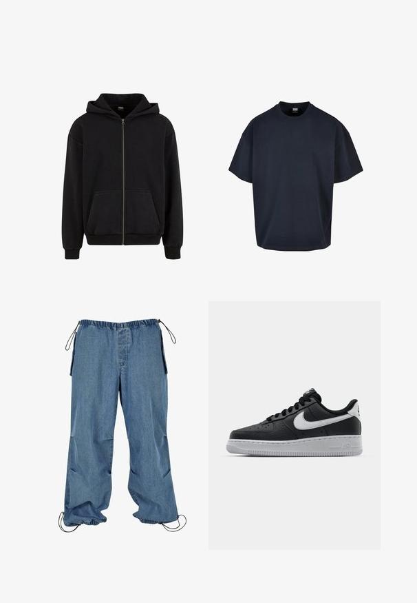 Urban Classics VINTAGE - Mikina so zipsom - black; Urban Classics ULTRA HEAVY OVERSIZED - Základné tričko - midnightnavy; Svetlo modré džínsy s elastickým pásom, sťahovacími manžetami a bočnými vreckami. Tkanina sa zdá byť mäkká s mierne vyblednutou textúrou.; Čierne kožené tenisky s textúrovaným povrchom, biely Nike swoosh, šedá podrážka, okrúle špičky a šnurovací dizajn. Obsahuje perforácie na špičke.