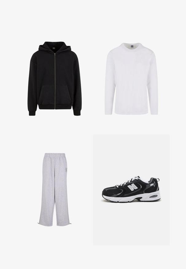 Urban Classics VINTAGE - Sweat zippé - black; T-shirt à manches longues, col rond, en tissu de coton blanc. Texture lisse avec un design simple et sans motifs ni accents visibles.; Karl Kani Pantalon de survêtement - grey; Baskets de sport noires et grises avec un tige en mesh et en suède, présentant une semelle intermédiaire blanche, des lacets et un logo "N" audacieux sur le côté.